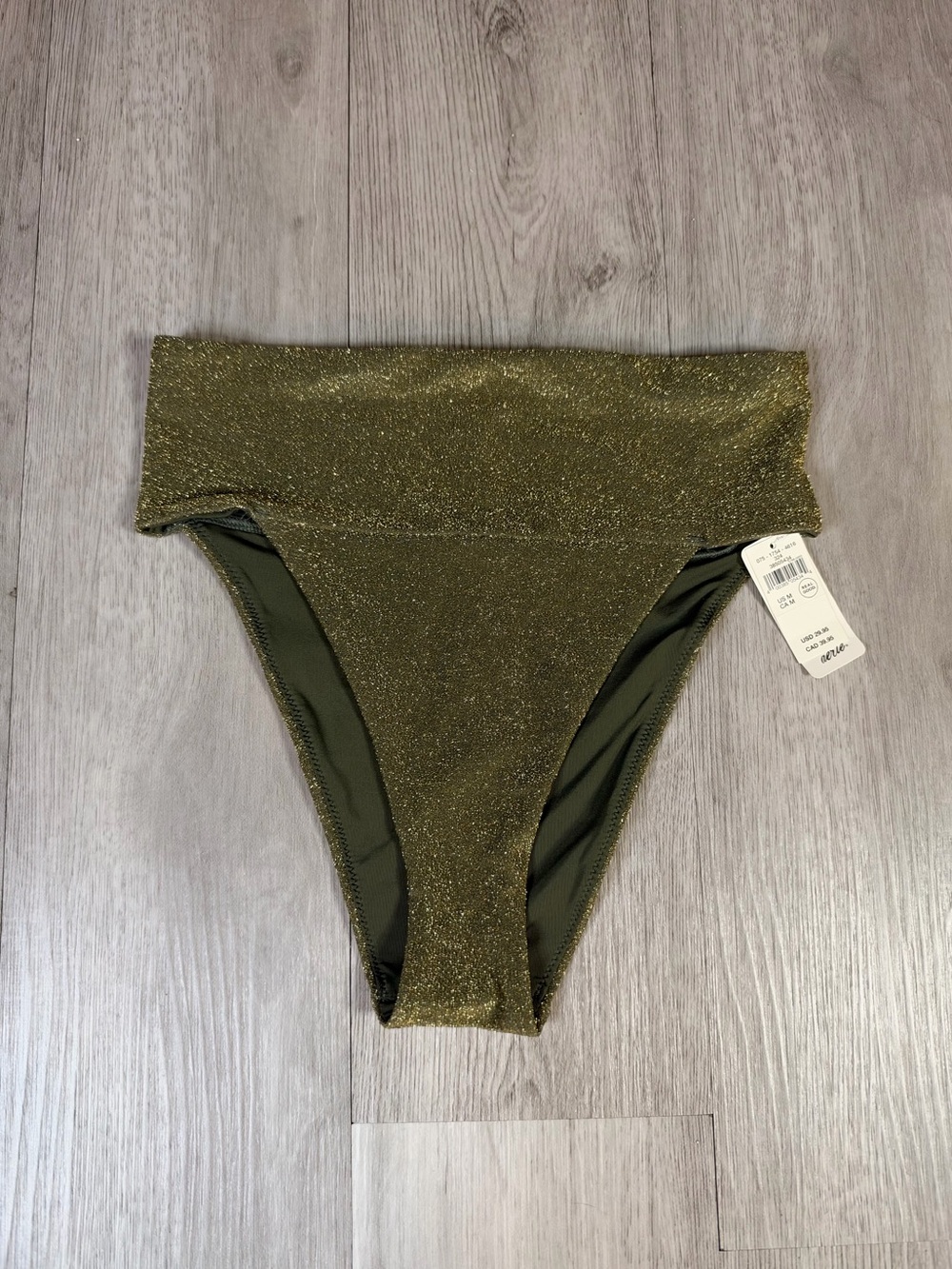 Aerie High Cut Cheeky Bikini Swim Bottom UPF 50 Green Gold Glitter M NWT